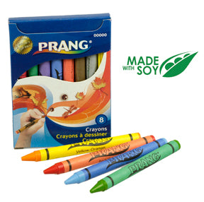 A selection of colorful soy crayons made by Prang, with a smooth wax finish and no visible bloom.