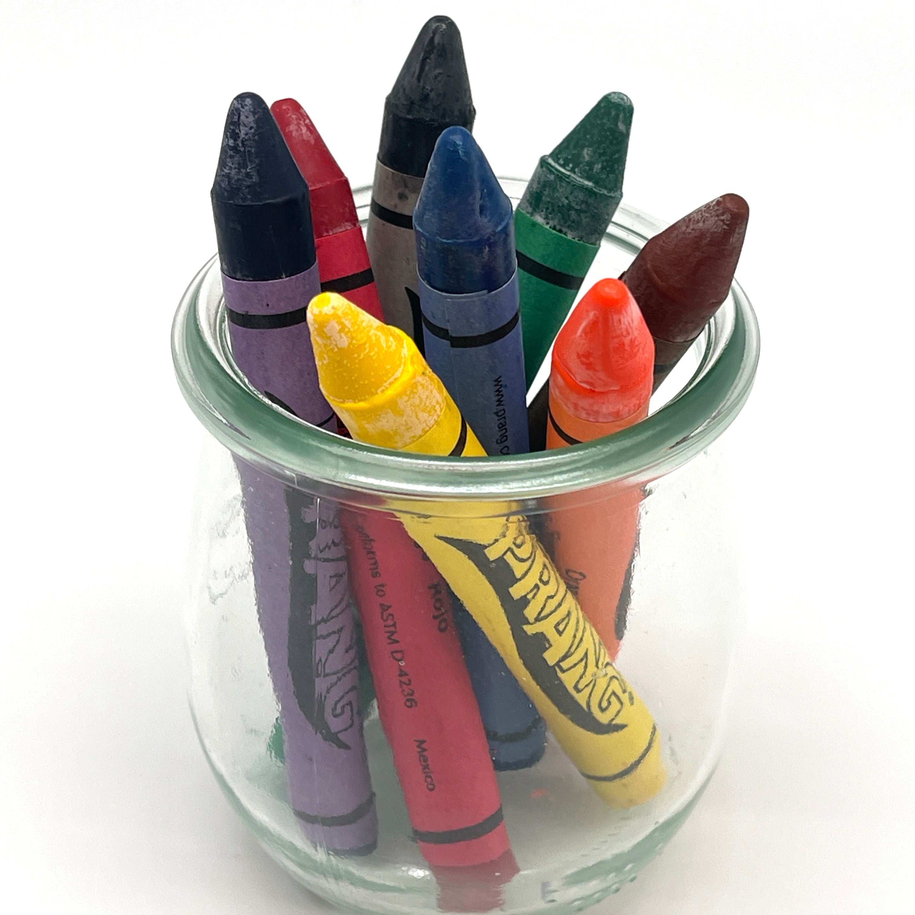 Large size jumbo soy crayons in a clear glass display jar 