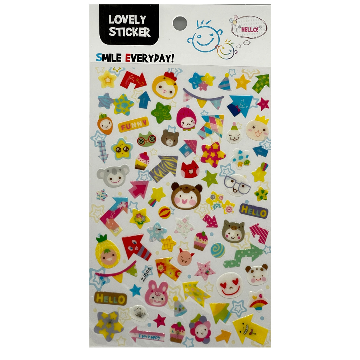 A sheet of various colorful stickers with cute faces, stars, and other designs, packaged in a clear plastic sleeve with a label at the top that reads 'Lovely Sticker'.