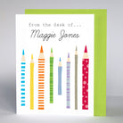 Personalized stationery cards with colorful pencil illustrations and from the desk of... the name 'Maggie Jones' printed at the top.