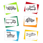Set of six vehicles thank you cards with illustrations of a train, a truck, a fire engine, a police car, and a ship, each on a colored envelope.