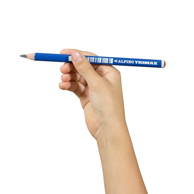 Hand holding a jumbo triangular pencil with HB #2 graphite and the words Alpino Trimax against a white background