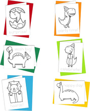 Load image into Gallery viewer, Dinosaur birthday cards for kids to color and wish happy birthday to friends and family.
